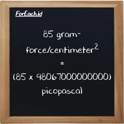 85 gram-force/centimeter<sup>2</sup> is equivalent to 8335700000000000 picopascal (85 gf/cm<sup>2</sup> is equivalent to 8335700000000000 pPa)